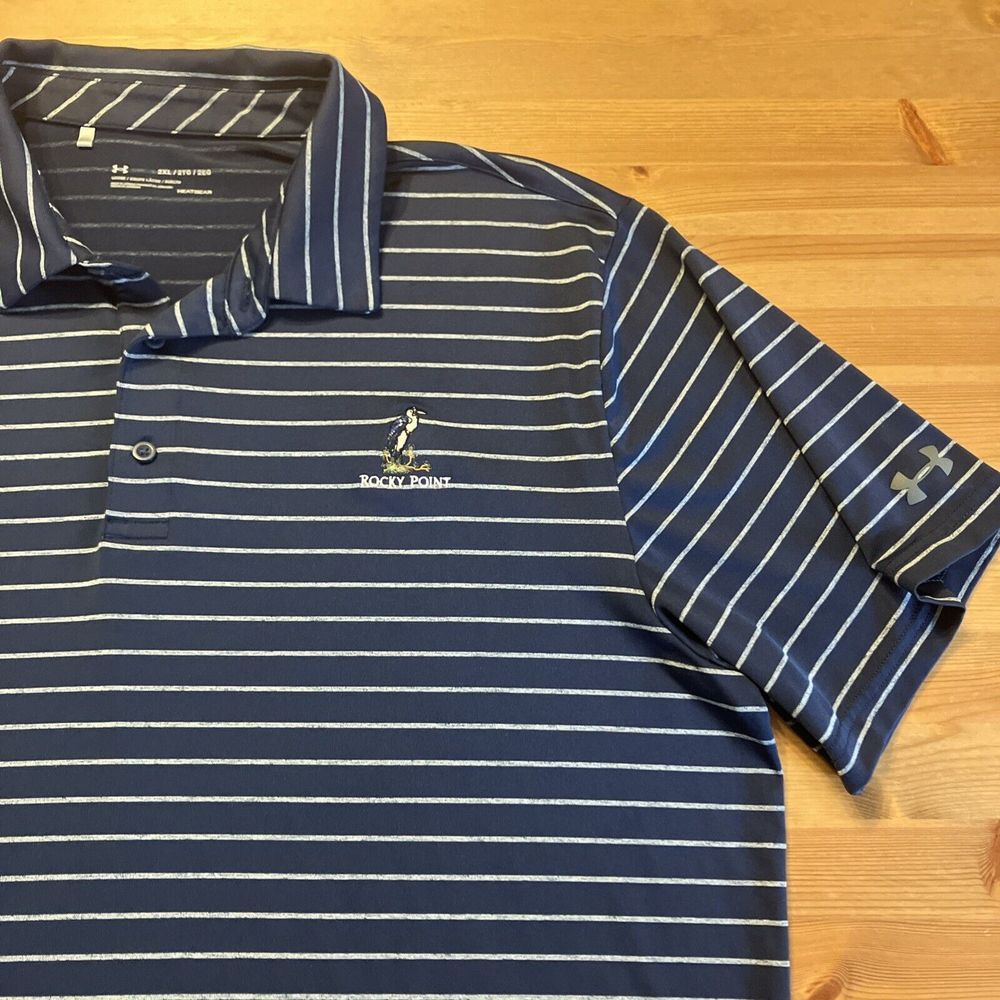 Under‎ Armour Mens 2XL HeatGear Polo Shirt Navy Blue Striped Rocky Point Golf